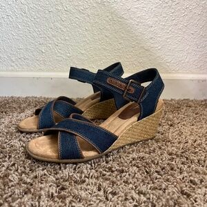 Clark: Denim Wedge Sandals with Ankle Strap – Size 7